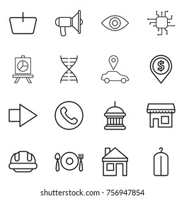 Thin line icon set : basket, loudspeaker, eye, chip, presentation, dna, car pointer, dollar pin, right arrow, phone, goverment house, shop, building helmet, fork spoon plate, dry wash