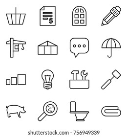 Thin line icon set : basket, account balance, arch window, pencil, tower crane, greenhouse, sms, dry cargo, sorting, bulb, repair tools, meat hammer, pig, viruses, toilet, towel