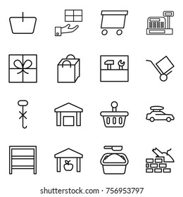 Thin line icon set : basket, gift, delivery, cashbox, shopping bag, tools, trolley, do not hook sign, warehouse, car baggage, rack, washing powder, construct garbage