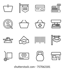 Thin line icon set : basket, shop signboard, card, cashbox, dollar arrow, add to, market scales, sale, bar code, store, cargo stoller, credit, heavy
