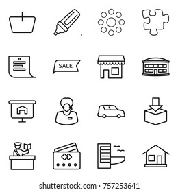 Thin line icon set : basket, marker, round around, puzzle, shopping list, sale, shop, airport building, presentation, support manager, car shipping, package, inspector, credit card, hotel, home