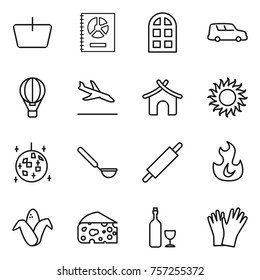 Thin line icon set : basket, annual report, arch window, car shipping, air ballon, arrival, bungalow, sun, disco ball, ladle, rolling pin, fire, corn, cheese, wine, gloves