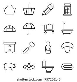 Thin line icon set : basket, pencil, building, greenhouse, dry cargo, baggage trolley, bath, nightstand, meat hammer, ketchup, mushroom, pig, hard reach place cleaning, toilet, towel