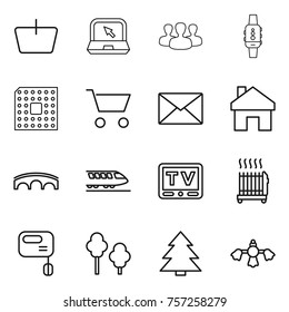 Thin line icon set : basket, notebook, group, smart watch, cpu, cart, mail, home, bridge, train, tv, radiator, mixer, trees, spruce, hard reach place cleaning