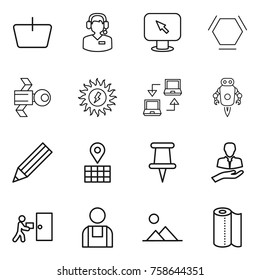 Thin line icon set : basket, call center, monitor arrow, hex molecule, satellite, sun power, notebook connect, jet robot, pencil, map, pin, client, courier delivery, workman, landscape, paper towel