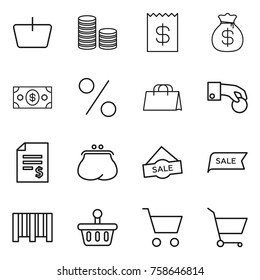 Thin line icon set : basket, coin stack, receipt, money bag, percent, shopping, hand, account balance, purse, sale, bar code, cart