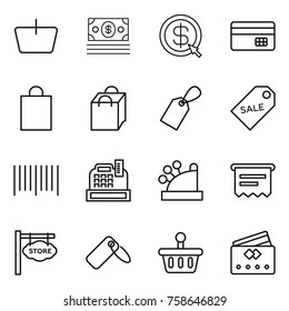 Thin line icon set : basket, money, dollar arrow, credit card, shopping bag, label, sale, bar code, cashbox, atm receipt, store signboard