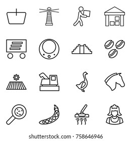 Thin line icon set : basket, lighthouse, courier, warehouse, delivery, necklace, pyramid, coffee seeds, field, harvester, goose, horse, viruses, peas, vacuum cleaner