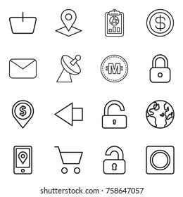Thin line icon set : basket, pointer, report, dollar, mail, satellite antenna, crypto currency, lock, pin, left arrow, unlock, globe, mobile location, cart, unlocked, ring button