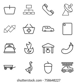 Thin line icon set : basket, hierarchy, phone, satellite antenna, up down arrow, add to, car shipping, cutting board, kettle, fire, warehouse, eggplant, trailer, goose, acorn, wash