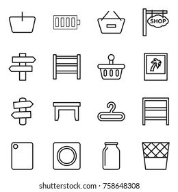 Thin line icon set : basket, battery, remove from, shop signboard, singlepost, rack, photo, signpost, table, hanger, cutting board, ring button, bank, trash bin