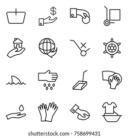 Thin line icon set : basket, investment, hand coin, cargo stoller, real estate, delivery, do not trolley sign, handwheel, shark flipper, sow, scoop, wiping, and drop, gloves, handle washing