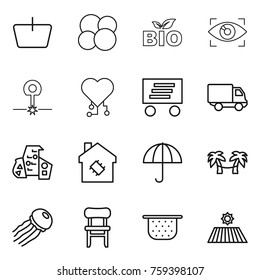 Thin line icon set : basket, atom core, bio, eye identity, laser, cardio chip, delivery, modern architecture, smart house, dry cargo, palm hammock, jellyfish, chair, colander, field