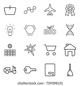 Thin line icon set : basket, graph, plane, medal, bulb, hex molecule, bio, dna, sun power, bang, cart, home, scooter shipping, key, kitchen scales, broom
