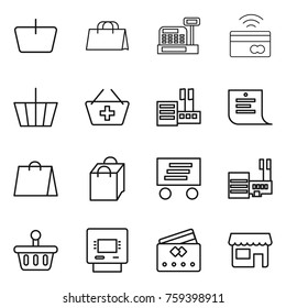 Thin line icon set : basket, shopping bag, cashbox, tap to pay, add, store, list, delivery, mall, atm, credit card, shop