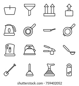 Thin line icon set : basket, funnel, cargo top sign, baggage, kettle, pan, garlic clasp, ladle, shovel, plunger, please clean