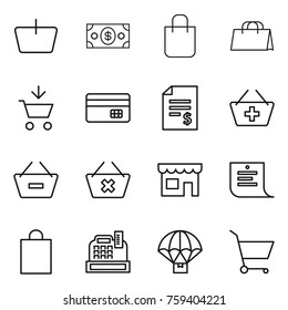 Thin line icon set : basket, money, shopping bag, add to cart, credit card, account balance, remove from, delete, shop, list, cashbox, parachute delivery