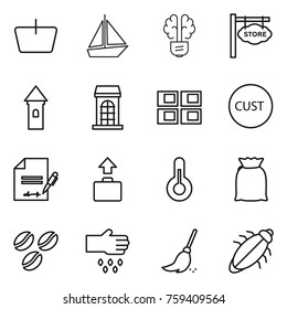 Thin line icon set : basket, boat, bulb brain, store signboard, tower, building, panel house, customs, inventory, baggage, thermometer, flour, coffee seeds, sow, broom, bug