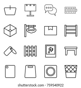 Thin line icon set : basket, billboard, discussion, battery, box, shop signboard, package, rack, label, pallet, photo, table, cutting board, ring button, trash bin