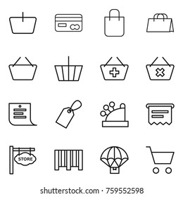 Thin line icon set : basket, card, shopping bag, add to, delete cart, list, label, cashbox, atm receipt, store signboard, bar code, parachute delivery