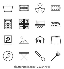 Thin line icon set : basket, money, nuclear, battery, calculator, truck shipping, train, photo, landscape, home, curtain, electricity, iron board, big spoon, rake