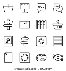 Thin line icon set : basket, billboard, message, discussion, singlepost, package box, pallet, photo, signpost, ring button, rack, cutting board, plates, fork spoon plate