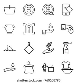 Thin line icon set : basket, dollar, arrow, touch, hex molecule, fingerprint, chemical industry, hand coin, shark flipper, rag, harvest, sprayer, and drop, hanger, kitchen cleaning, handle washing