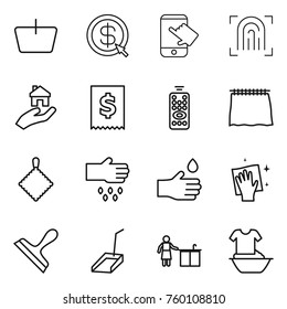 Thin line icon set : basket, dollar arrow, touch, fingerprint, real estate, tax, remote control, curtain, rag, sow, hand drop, wiping, scraper, scoop, kitchen cleaning, handle washing