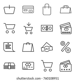 Thin line icon set : basket, card, shopping bag, cart, add to, money, credit, list, sale, percent