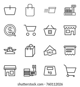 Thin line icon set : basket, shopping bag, delivery, cashbox, dollar arrow, cart, delete, shop, scales, sale, atm receipt, mall, heavy