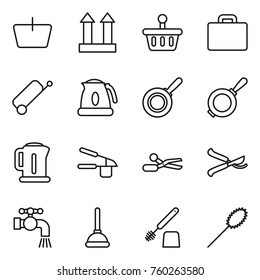 Thin line icon set : basket, cargo top sign, suitcase, kettle, pan, garlic clasp, scissors, pruner, water tap, plunger, toilet brush, duster
