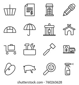 Thin line icon set : basket, account balance, building, pencil, greenhouse, dry cargo, detector, bungalow, baggage trolley, repair tools, meat hammer, food processor, beans, pig, viruses, sprayer