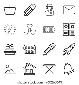 Thin line icon set : basket, pencil, call center, mail, lightning, nuclear, battery, calculator, fountain, gothic architecture, rocket, landscape, home, iron board, bell