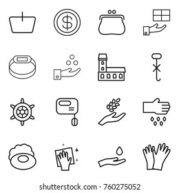 Thin line icon set : basket, dollar, purse, gift, smart bracelet, chemical industry, mansion, do not hook sign, handwheel, mixer, harvest, sow, soap, wiping, hand and drop, gloves