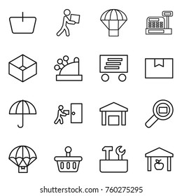 Thin line icon set : basket, courier, parachute, cashbox, box, delivery, package, dry cargo, warehouse, search, repair tools