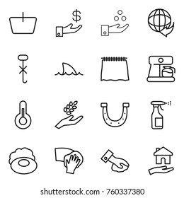 Thin line icon set : basket, investment, chemical industry, delivery, do not hook sign, shark flipper, curtain, coffee maker, thermometer, harvest, horseshoe, sprayer, soap, wiping, housing