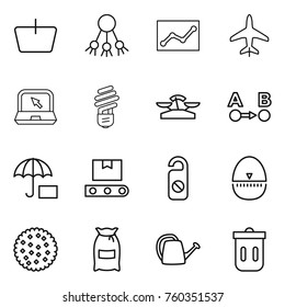Thin line icon set : basket, share, statistics, plane, notebook, bulb, scales, route a to b, insurance, transporter tape, do not distrub, egg timer, cookies, flour, watering can, trash bin