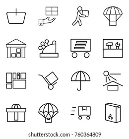 Thin line icon set : basket, gift, courier, parachute, warehouse, cashbox, delivery, tools, consolidated cargo, trolley, dry, sun potection, hi quality package, fast deliver, cereals
