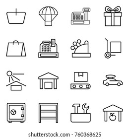 Thin line icon set : basket, parachute, cashbox, gift, shopping bag, cargo stoller, sun potection, warehouse, transporter tape, car baggage, safe, rack, repair tools