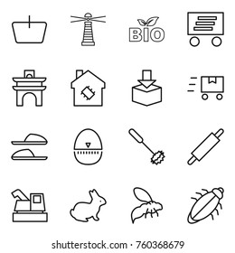 Thin line icon set : basket, lighthouse, bio, delivery, arch, smart house, package, fast deliver, slippers, egg timer, whisk, rolling pin, harvester, rabbit, wasp, bug