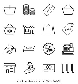 Thin line icon set : basket, coin stack, sale, add to, shop, shopping bag, label, percent, cashbox, real estate, credit card, bar code