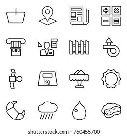 Thin line icon set : basket, pointer, newspaper, calculator, column, architector, fence, trip, satellite, heavy, restaurant, induction oven, croissant, rain cloud, drop, sponge with foam