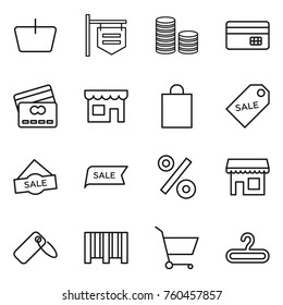 Thin line icon set : basket, shop signboard, coin stack, credit card, shopping bag, sale label, percent, bar code, cart, hanger