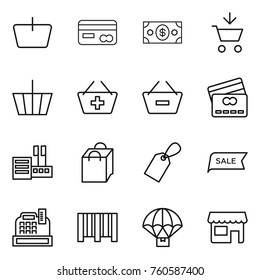 Thin line icon set : basket, card, money, add to cart, remove from, credit, store, shopping bag, label, sale, cashbox, bar code, parachute delivery, shop