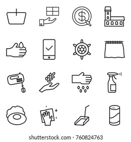 Thin line icon set : basket, gift, dollar arrow, mansion, acid, mobile checking, handwheel, curtain, mixer, harvest, sow, sprayer, soap, wiping, scoop, cleanser powder