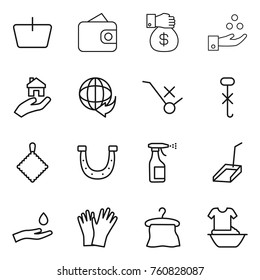 Thin line icon set : basket, wallet, money gift, chemical industry, real estate, delivery, do not trolley sign, hook, rag, horseshoe, sprayer, scoop, hand and drop, gloves, hanger, handle washing