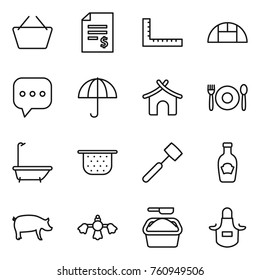 Thin line icon set : basket, account balance, ruler, greenhouse, sms, dry cargo, bungalow, cafe, bath, colander, meat hammer, ketchup, pig, hard reach place cleaning, washing powder, apron