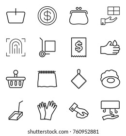 Thin line icon set : basket, dollar, purse, gift, fingerprint, cargo stoller, tax, acid, curtain, rag, soap, scoop, gloves, wiping, hand dryer