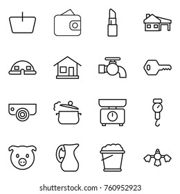Thin line icon set : basket, wallet, lipstick, house with garage, dome, home, water tap, key, surveillance camera, steam pan, kitchen scales, handle, pig, jug, foam bucket, hard reach place cleaning