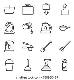 Thin line icon set : basket, suitcase, baggage get, mirror, mixer, kettle, pan, garlic clasp, shovel, fork, bucket, plunger, please clean